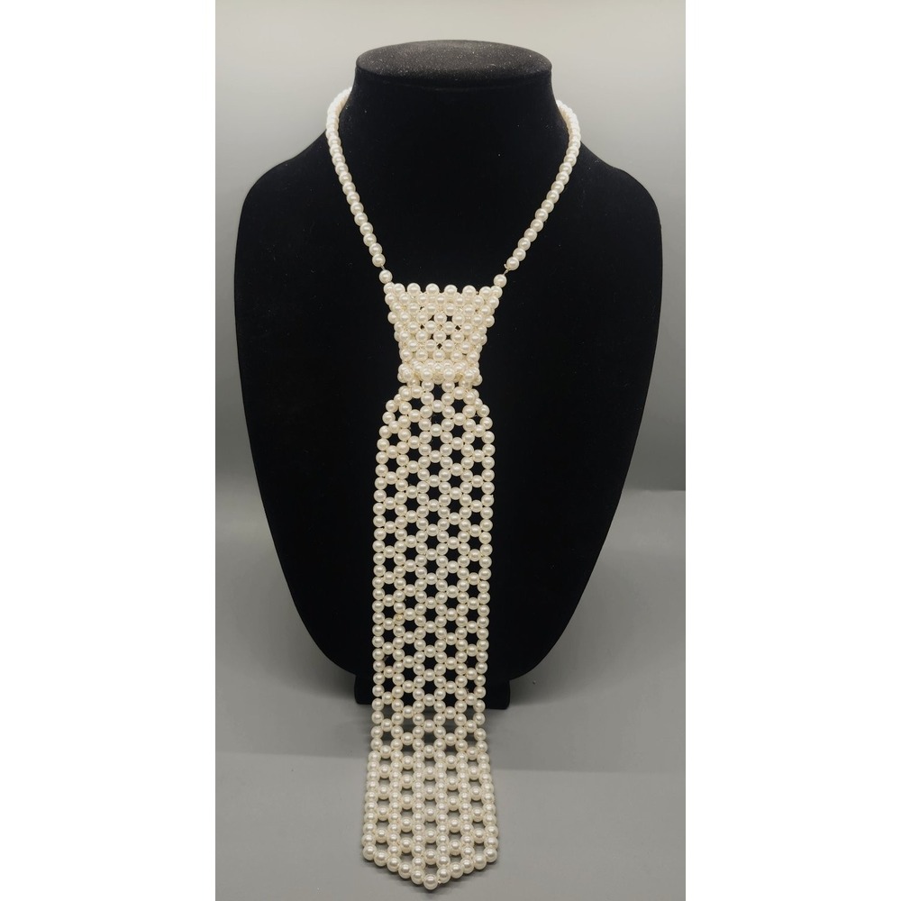 Novelty Faux Pearl Beaded Tie Necklace Adjustable Statement Fashion Jewelry